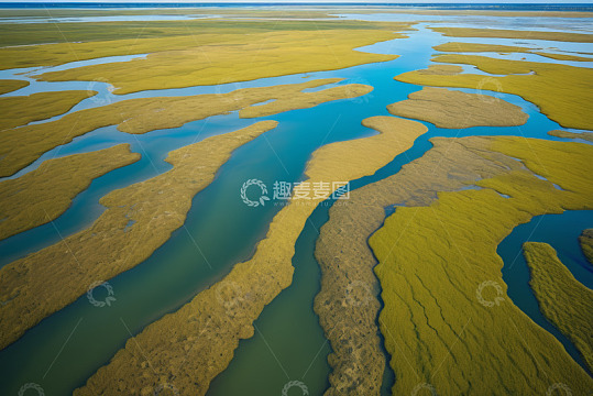 俯瞰黄绿相间的河流湿地