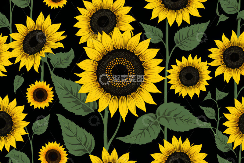 高清大图下载【趣麦麦图】黑色背景上的向日葵图案