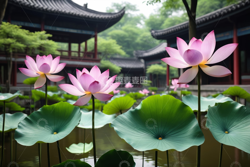 高清大图下载【趣麦麦图】中式建筑旁绽放的荷花与荷叶