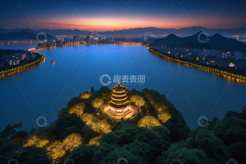 高清大图下载【趣麦麦图】杭州西湖黄昏古塔航拍全景