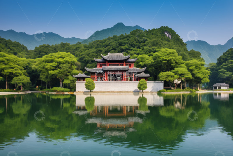 高清大图下载【趣麦麦图】中式古建与山水倒影风景