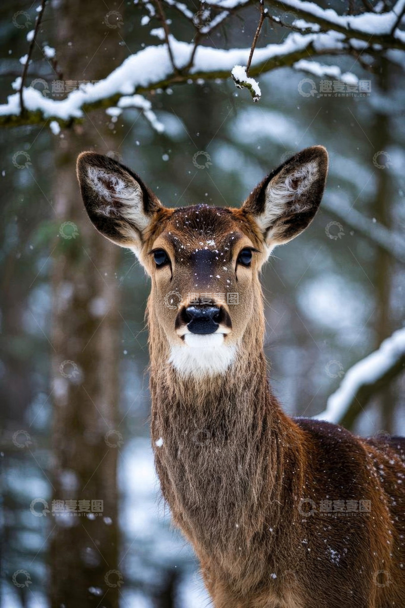 高清大图下载【趣麦麦图】雪中森林里的鹿特写