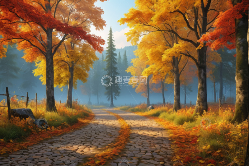 高清大图下载【趣麦麦图】秋日森林中的石板路景观