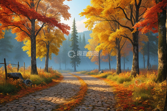 秋日森林中的石板路景观
