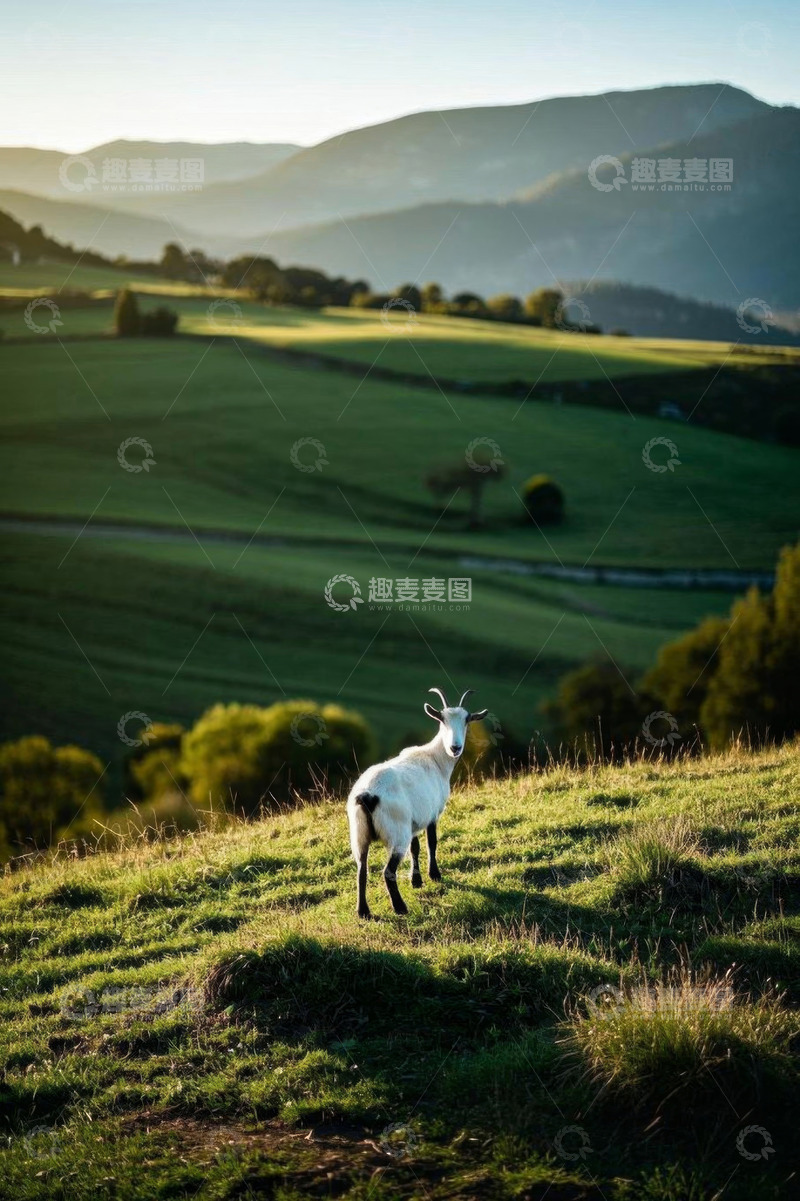 高清大图下载【趣麦麦图】草原上的山羊与远山风景