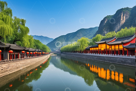 古风河畔建筑山水风景