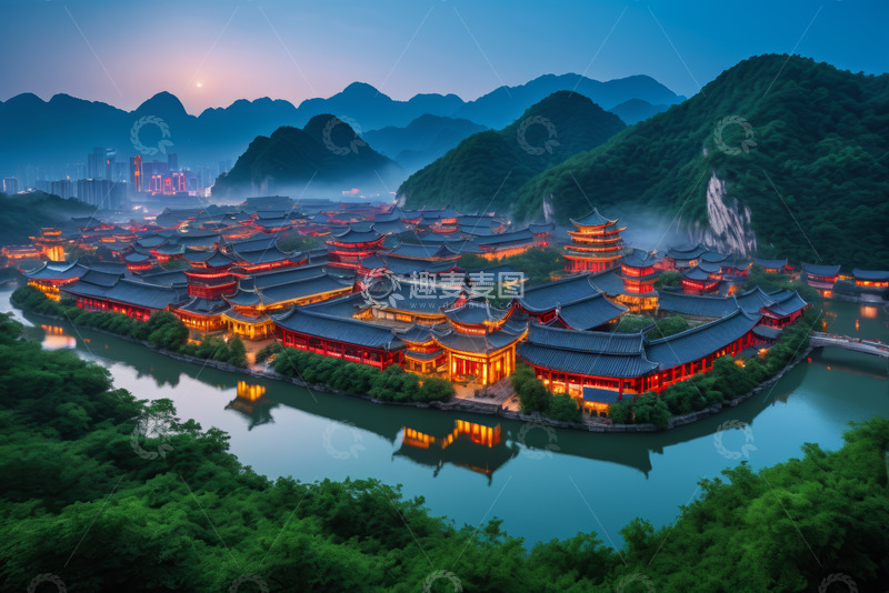 高清大图下载【趣麦麦图】中式古建筑群夜景航拍