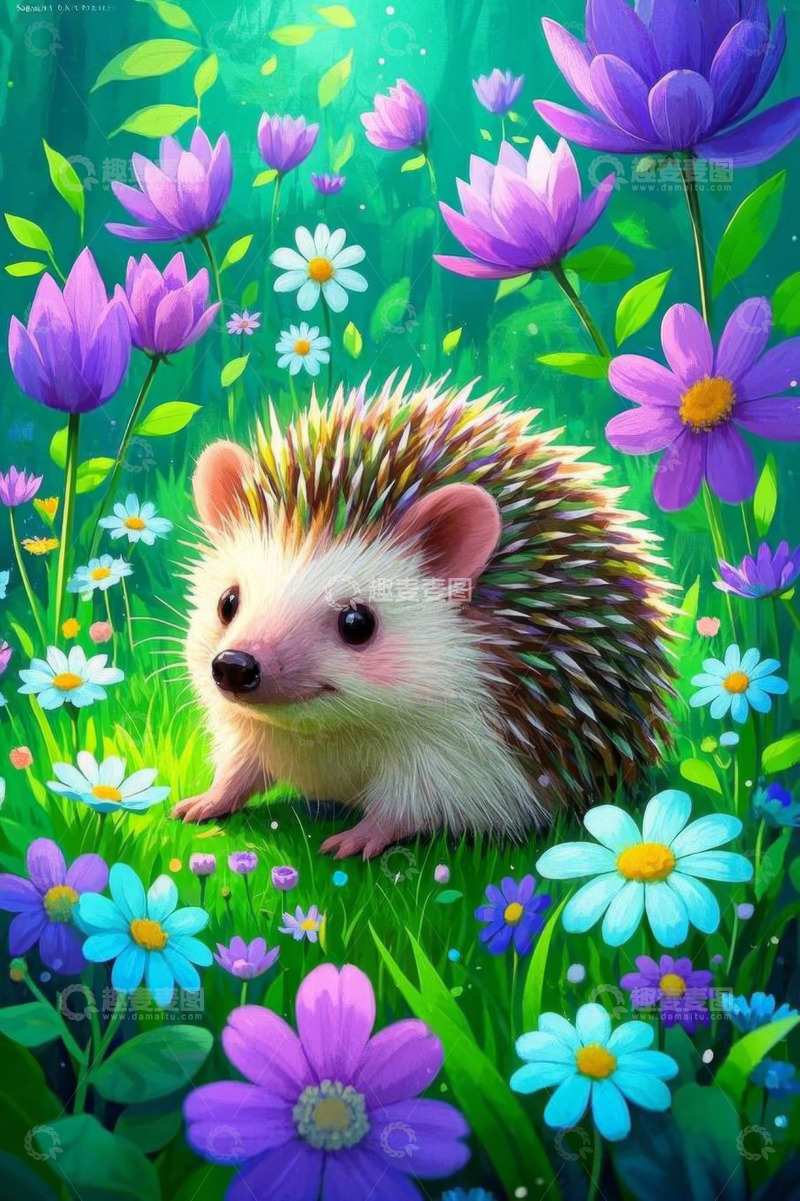 高清大图下载【趣麦麦图】花丛中的刺猬插画