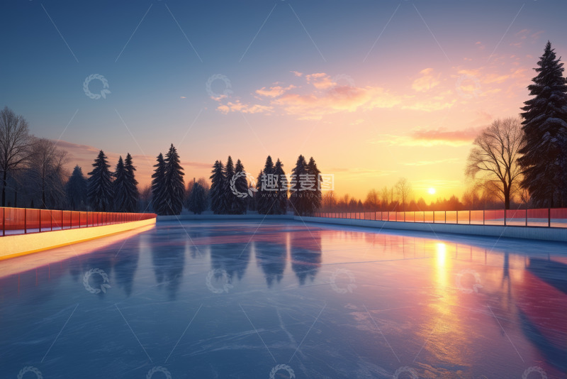 高清大图下载【趣麦麦图】冬日夕阳下的滑冰场与雪松林