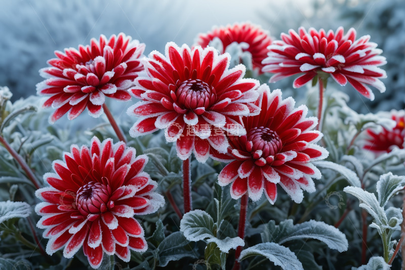 高清大图下载【趣麦麦图】覆霜红色菊花特写