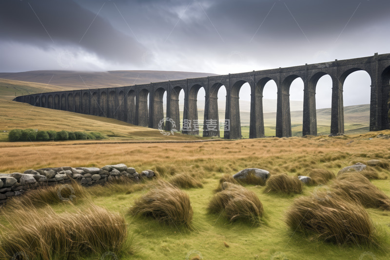 高清大图下载【趣麦麦图】田野上的多拱门高架桥景观