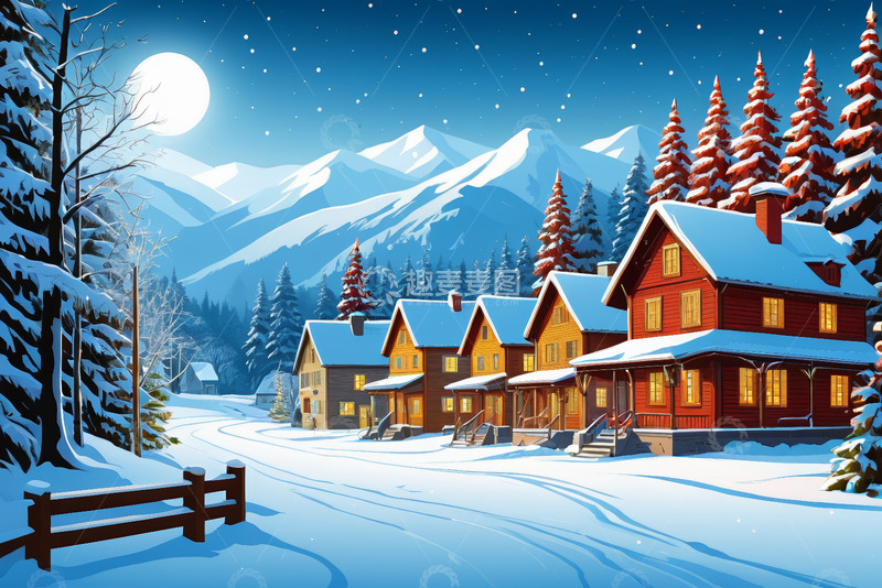 高清大图下载【趣麦麦图】雪夜山间木屋村庄风景