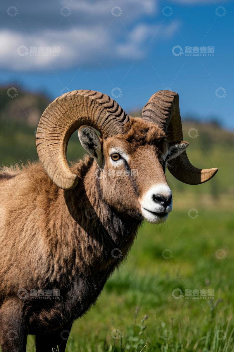 高清大图下载【趣麦麦图】户外草原上的大角公羊