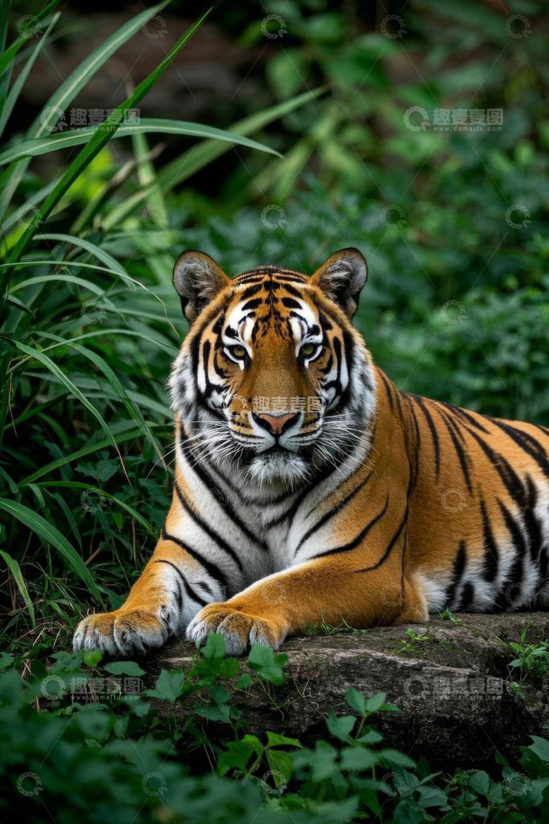 高清大图下载【趣麦麦图】老虎休憩于绿植环绕环境