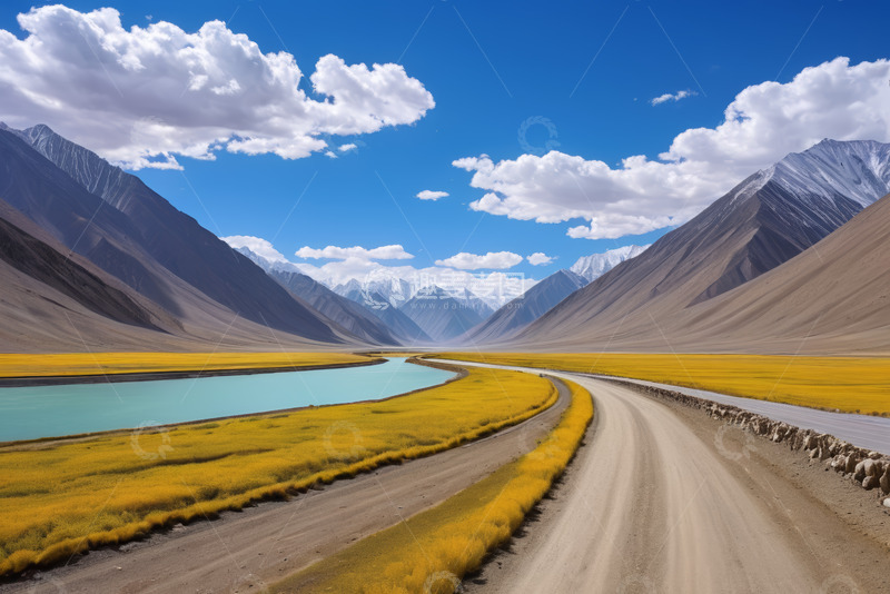 高清大图下载【趣麦麦图】山间公路旁的湖泊与草原风光