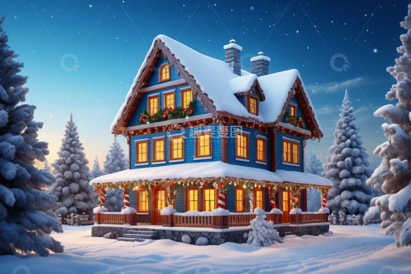 高清大图下载【趣麦麦图】雪夜装饰精美的童话风格小屋