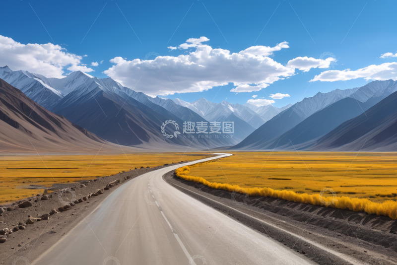 高清大图下载【趣麦麦图】旷野中的蜿蜒道路与远处雪山