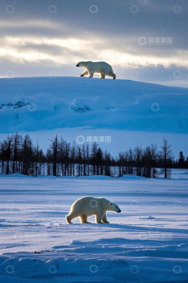 高清大图下载【趣麦麦图】北极雪地中的北极熊行走画面
