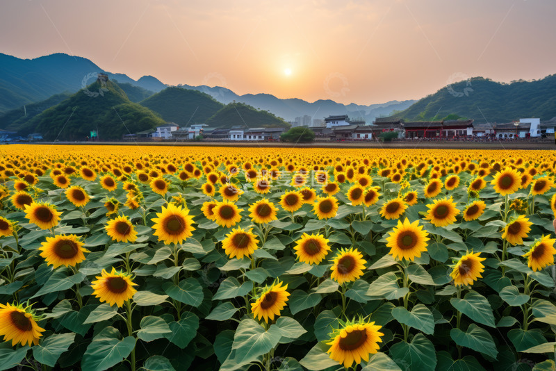 高清大图下载【趣麦麦图】夕阳下的向日葵花田景观