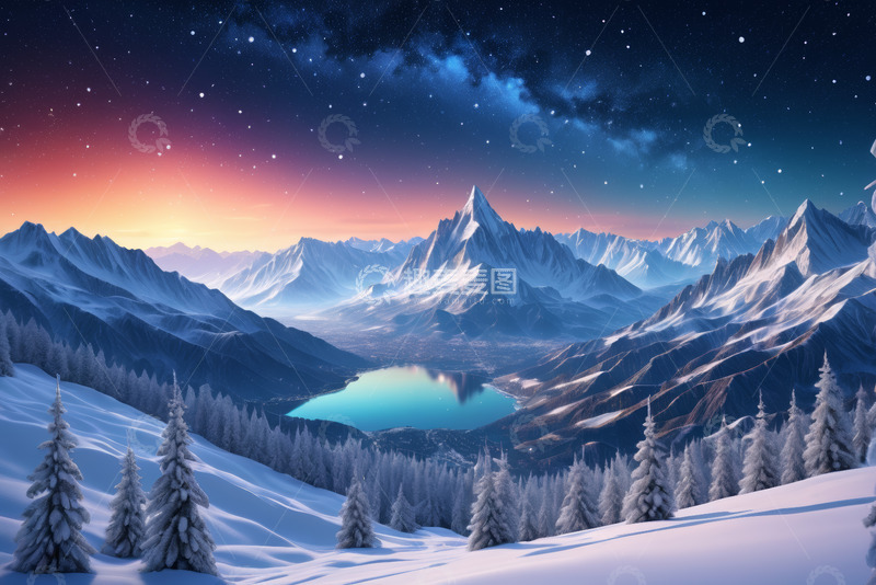 高清大图下载【趣麦麦图】雪山星空下的静谧湖泊景观
