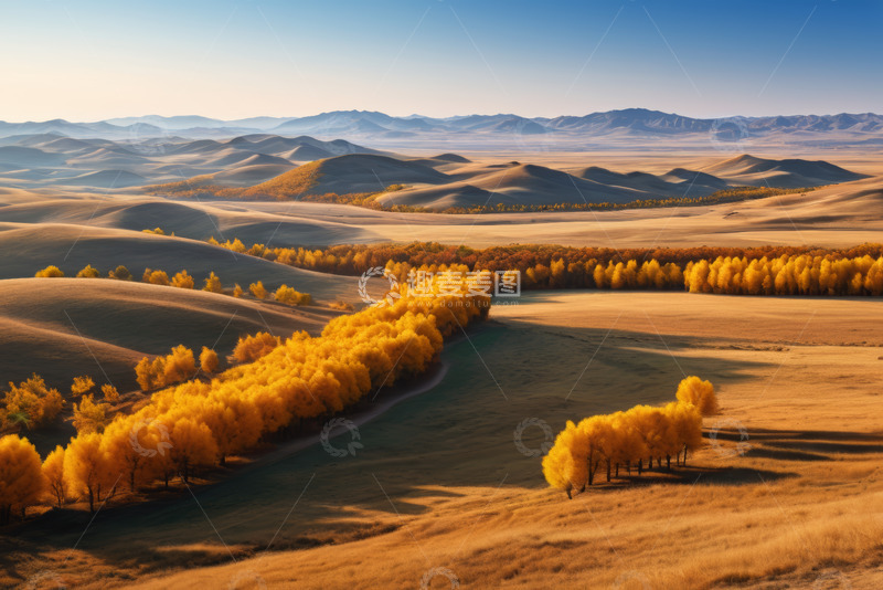 高清大图下载【趣麦麦图】秋日原野金黄树林风景