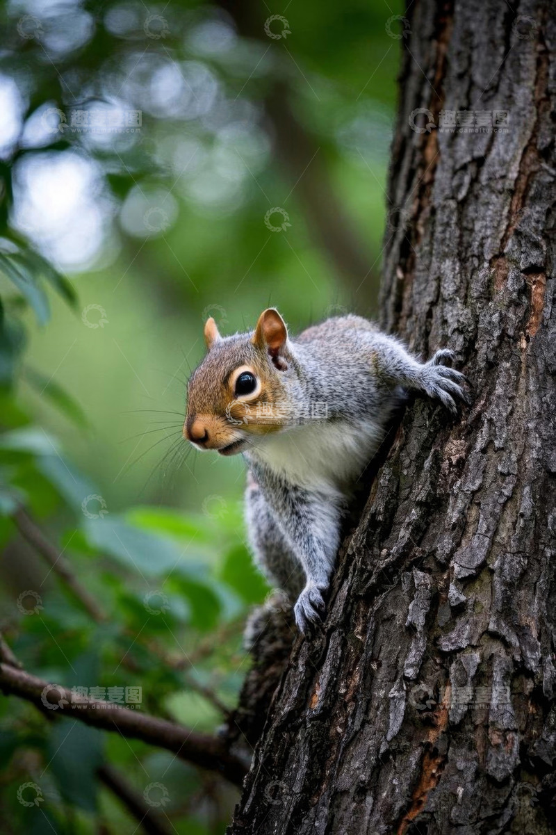 高清大图下载【趣麦麦图】松鼠攀爬树干特写