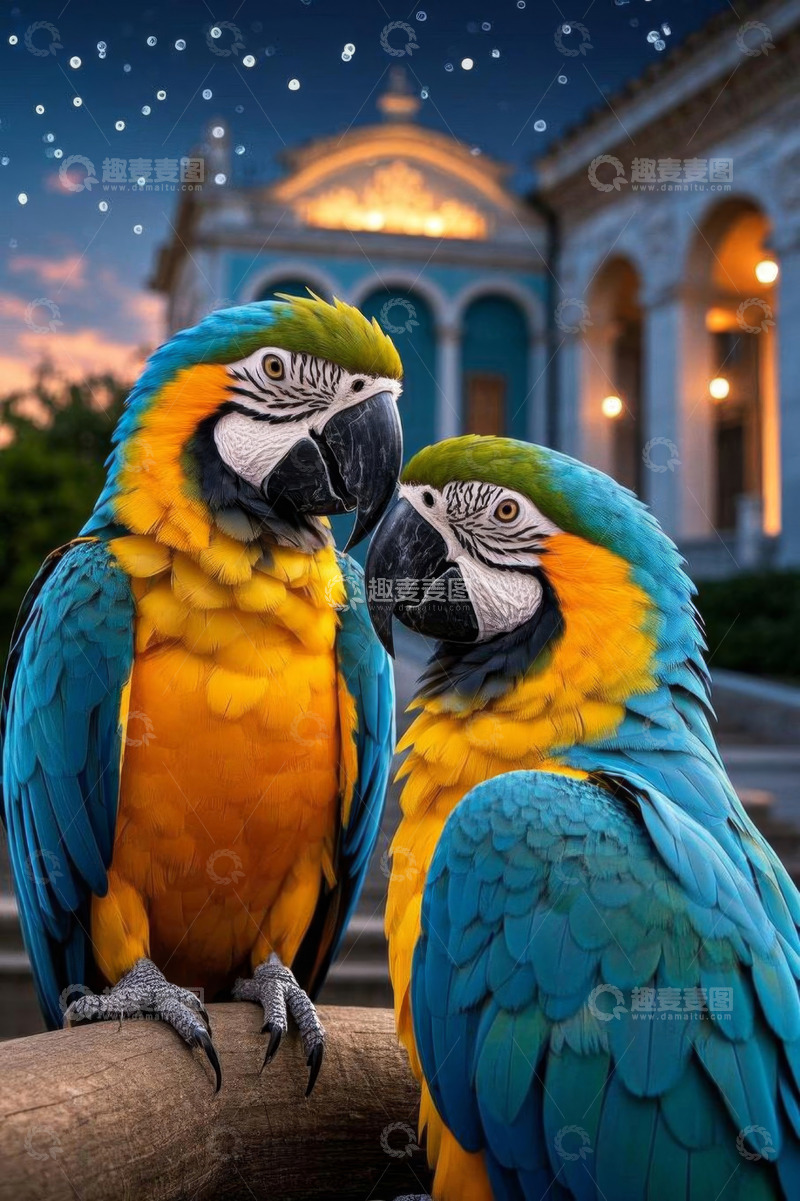 高清大图下载【趣麦麦图】两只金刚鹦鹉于建筑前特写