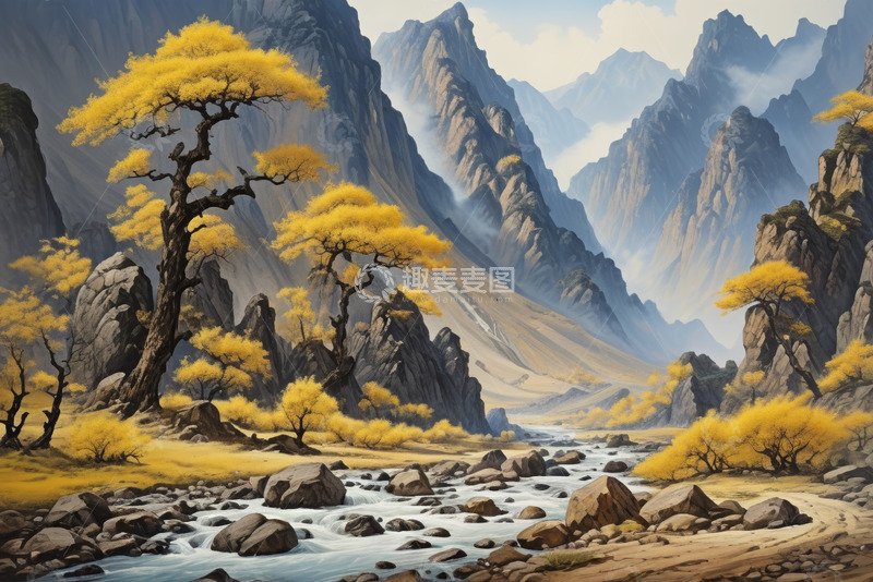 高清大图下载【趣麦麦图】山间金黄树木与溪流风景