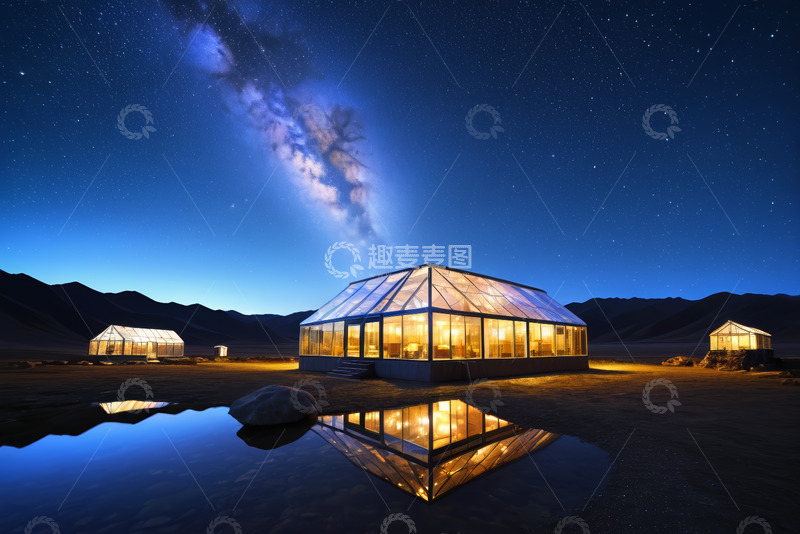 高清大图下载【趣麦麦图】星空下的玻璃屋及倒影景观