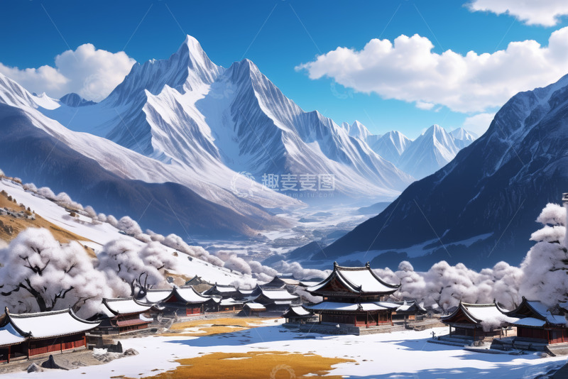 高清大图下载【趣麦麦图】雪山下的中式古建筑群景观
