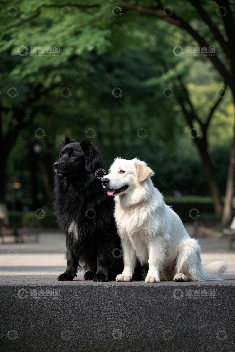 高清大图下载【趣麦麦图】公园中两只宠物狗静坐画面