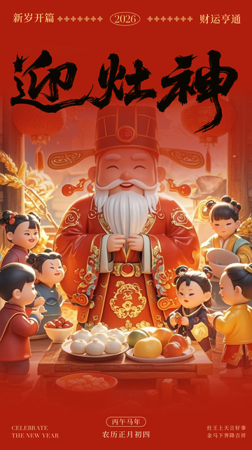 迎灶神喜庆年画风格海报设计素材