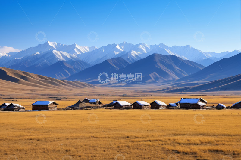高清大图下载【趣麦麦图】雪山下草原上的村落