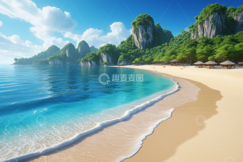 高清大图下载【趣麦麦图】美丽海滩与青山绿水景观