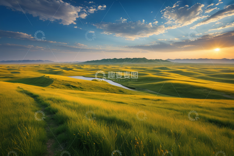高清大图下载【趣麦麦图】广袤草原上的日落风光