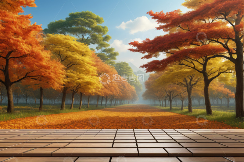 高清大图下载【趣麦麦图】秋日森林中的木质平台风景