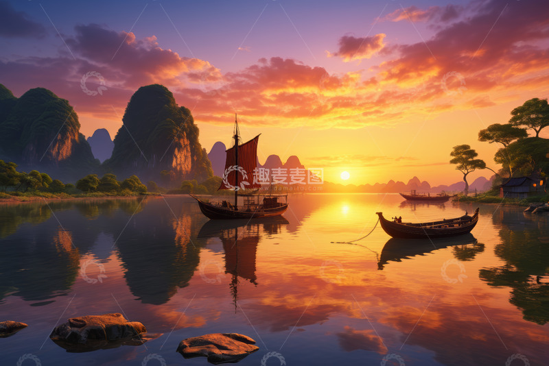 高清大图下载【趣麦麦图】江上落日帆船自然风光