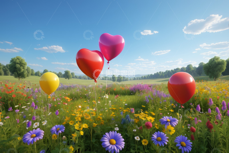 高清大图下载【趣麦麦图】田野花丛中的心形气球