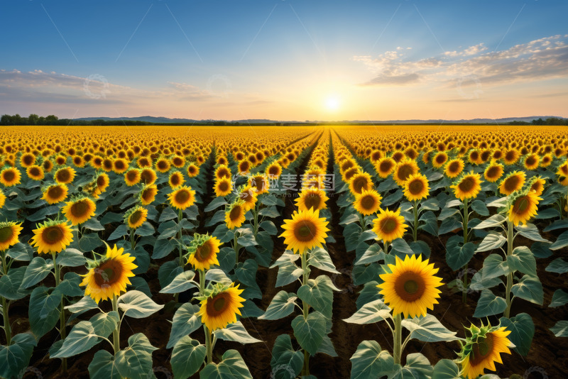 高清大图下载【趣麦麦图】向日葵田日落全景