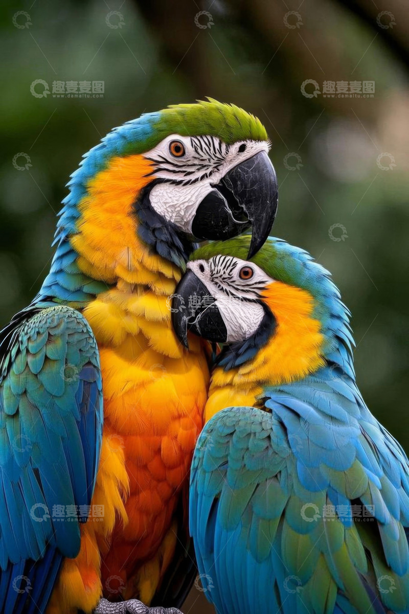 高清大图下载【趣麦麦图】两只金刚鹦鹉亲昵依偎