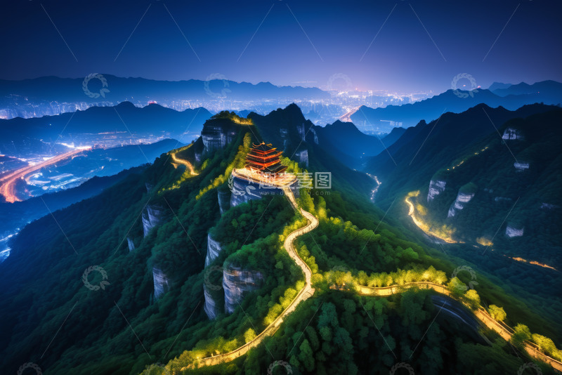 高清大图下载【趣麦麦图】山间古建筑夜景俯瞰