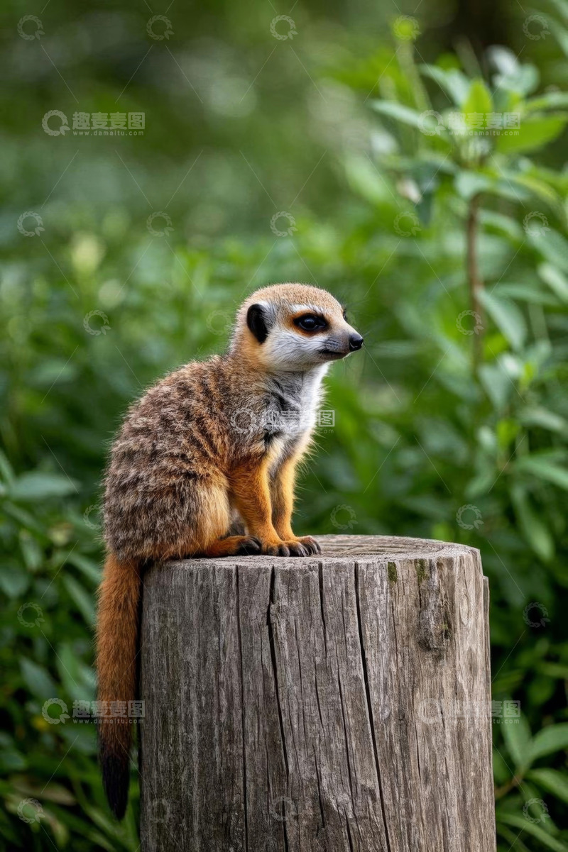 高清大图下载【趣麦麦图】猫鼬坐树桩上自然场景