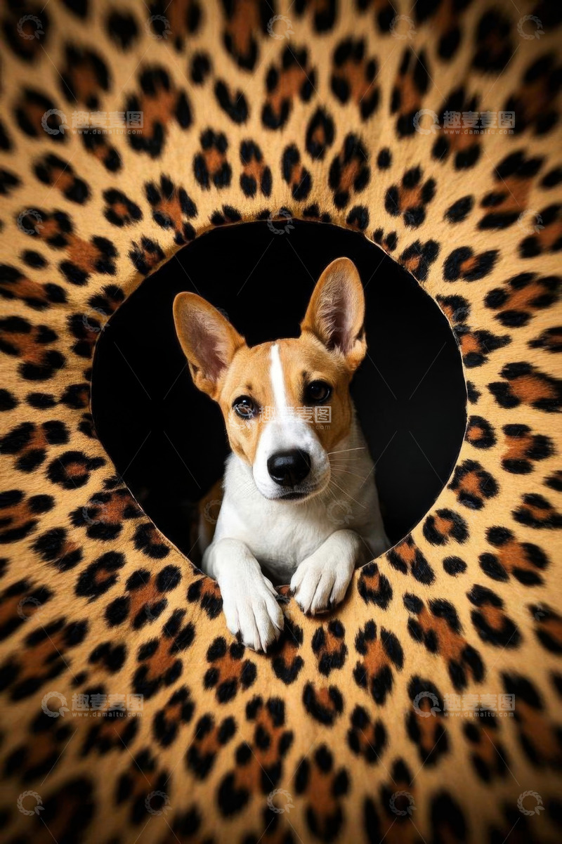 高清大图下载【趣麦麦图】豹纹背景中的可爱小狗