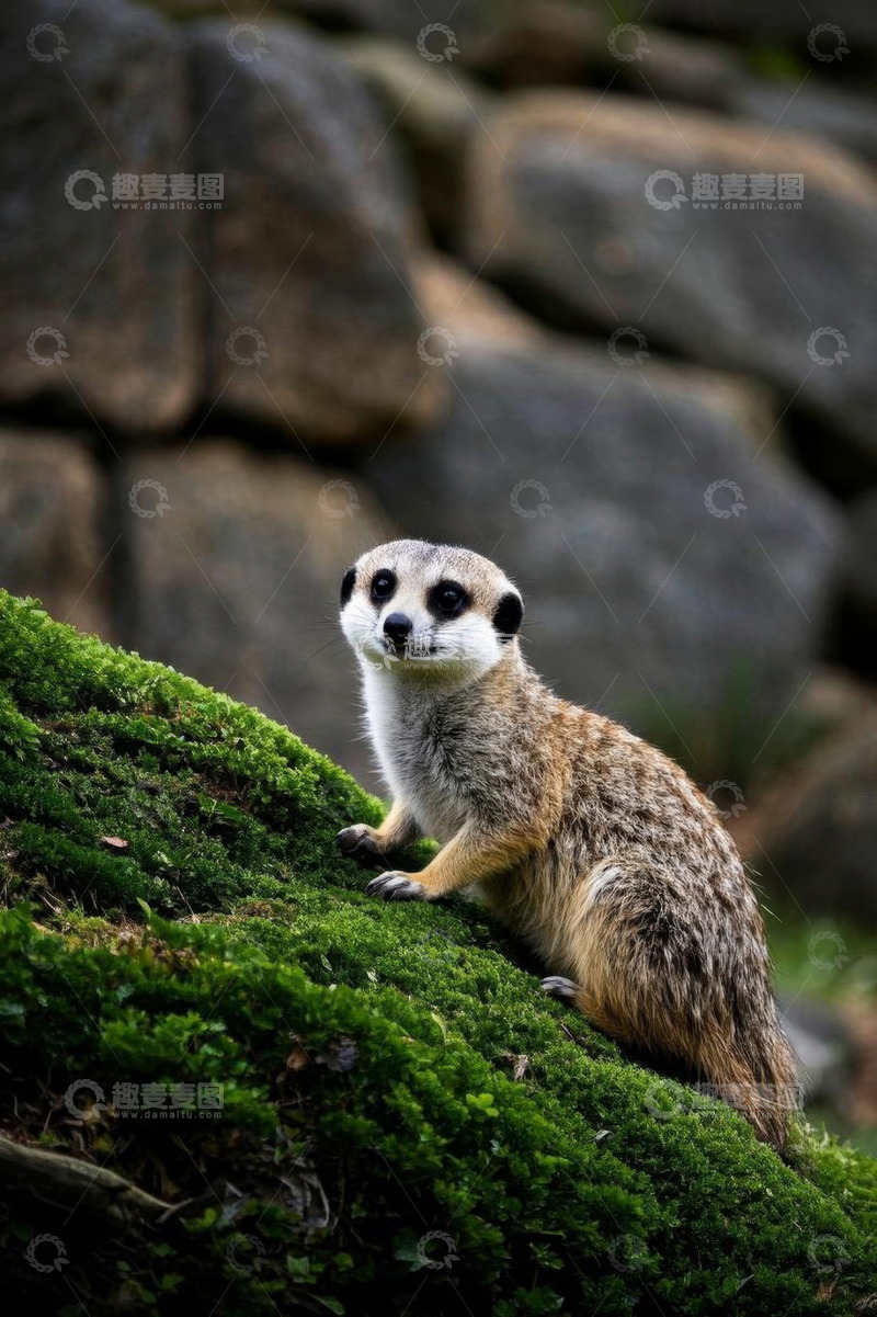 高清大图下载【趣麦麦图】猫鼬站立在长满苔藓的岩石上