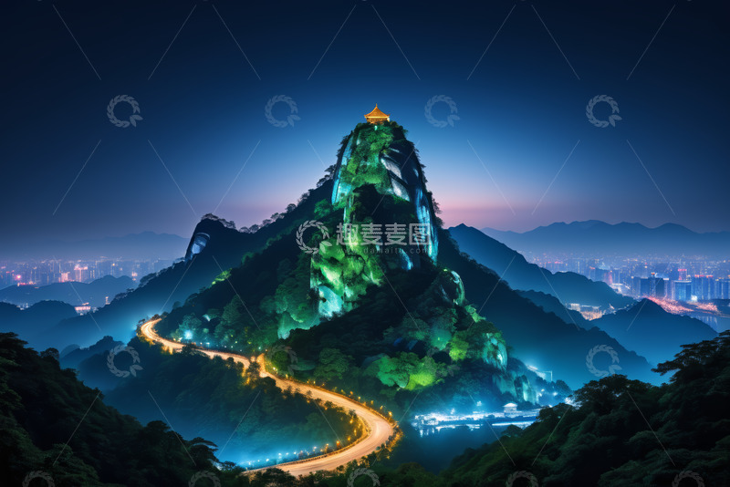 高清大图下载【趣麦麦图】夜晚山间公路与山顶建筑景观