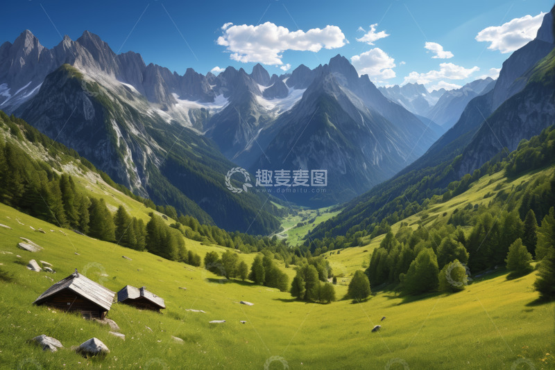 高清大图下载【趣麦麦图】山谷间的青山翠谷与木屋景致