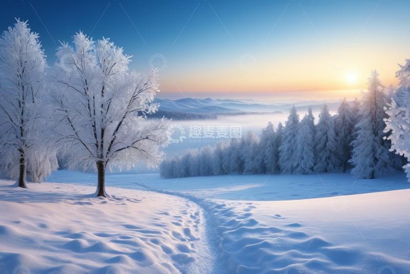 高清大图下载【趣麦麦图】冬日雪覆盖的森林与日出景象