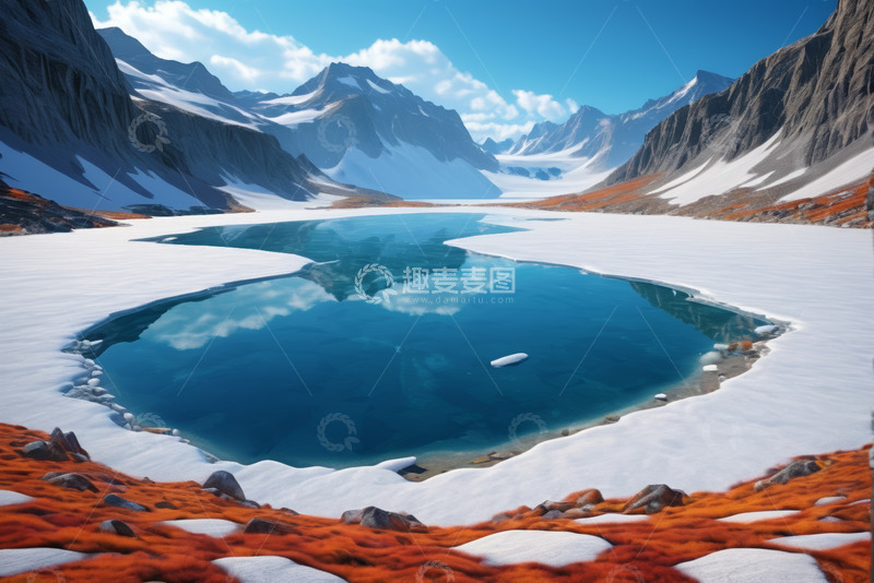 高清大图下载【趣麦麦图】雪山环绕的蓝色湖泊景观