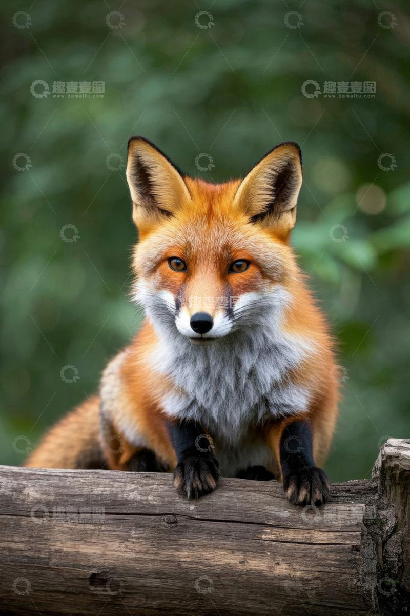 高清大图下载【趣麦麦图】红狐狸蹲坐木头上