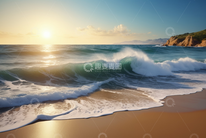 高清大图下载【趣麦麦图】海滩海浪与落日景观